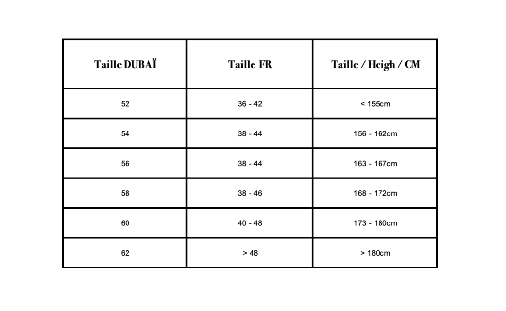 tableau des tailles européennes équivalente à Dubaï